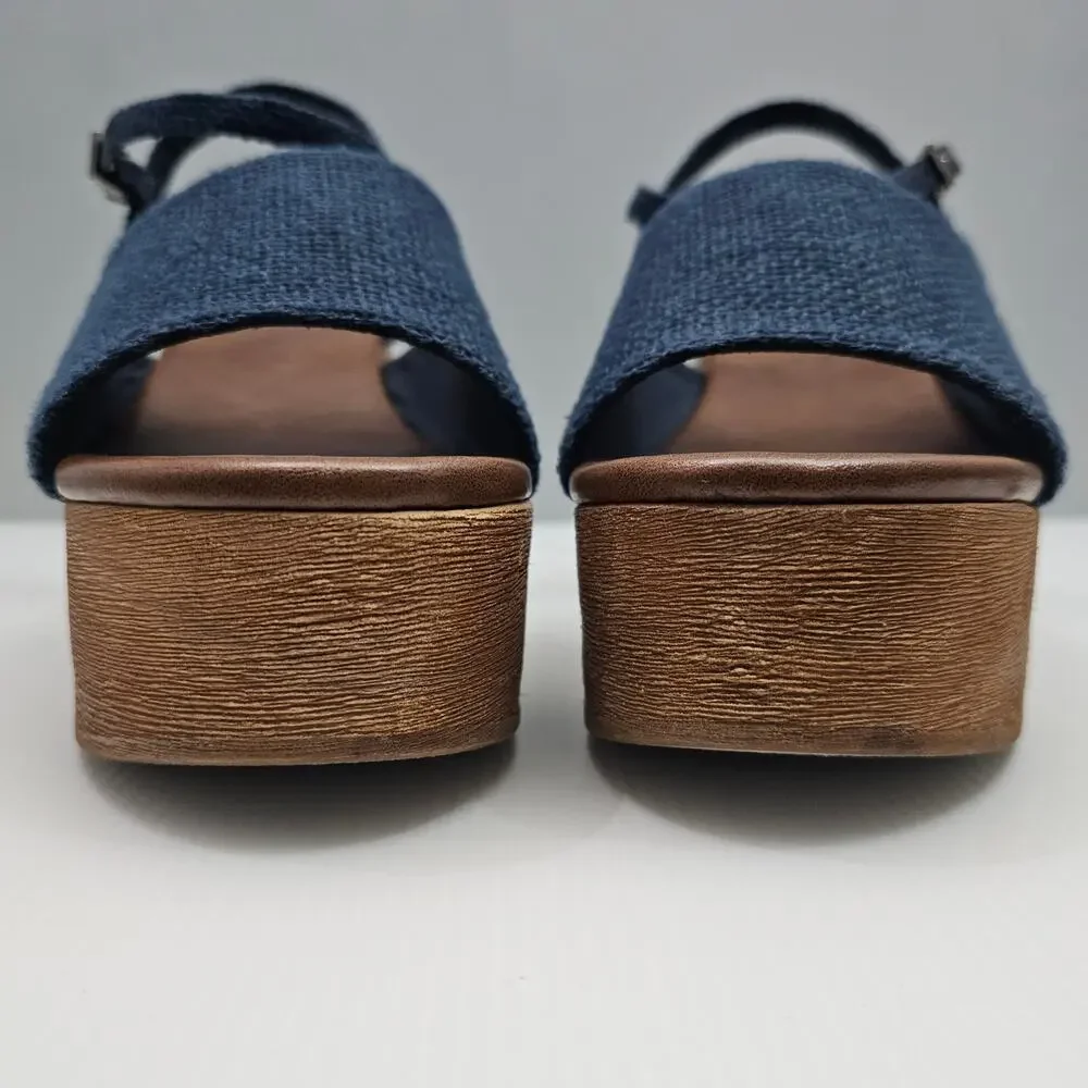 Jeffrey Campbell On Deck Platform Sandal Womens 10 Navy Blue Wood Wedge Heel